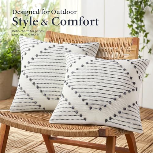 Mecatny Boho Outdoor Throw Pillow Covers 22x22 Set of 2 Grey & Cream White - Image 3