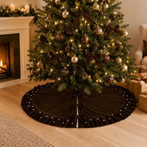 Christmas Tree Skirt, Dark Brown Velvet with Ruffled Pearl Trim, 60 Inch - Image 2