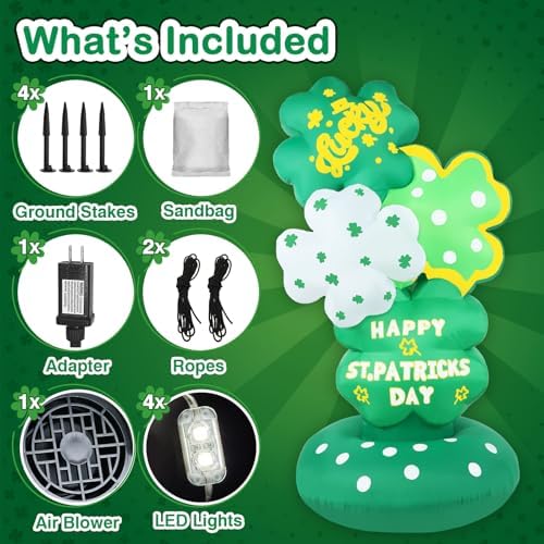 Halfjuly 5.6FT St Patricks Day Inflatables – Inflatable Shamrock Tower with Layered Four-Leaf Clover Design, Festive Lucky St. Patrick’s Day Decorations Outdoor, Magical Green Yard Display - Image 4