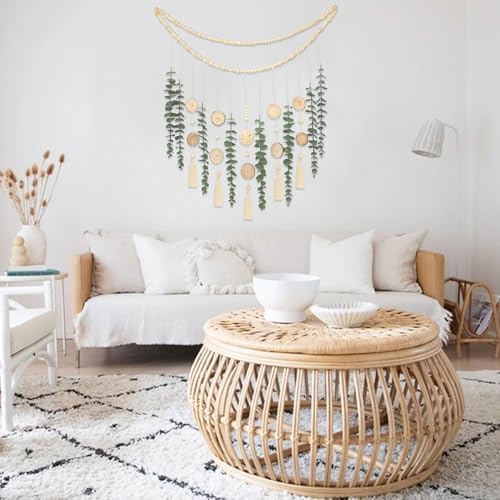 Artificial Eucalyptus Wall Decor with Wicker Ball Natural Boho Home Decorations Hanging Wooden Bead Garland for Large Bedroom Bathroom Living Room, 32 x 32 Inch - Image 5