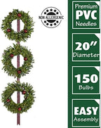 Fraser Hill Farm Prelit 3-Piece Hanging Holly Berry 20" Wreath on Red Ribbon, Warm White LED Lights - Image 3
