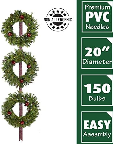 Fraser Hill Farm Prelit 3-Piece Hanging Holly Berry 20" Wreath on Red Ribbon, Warm White LED Lights - Image 3