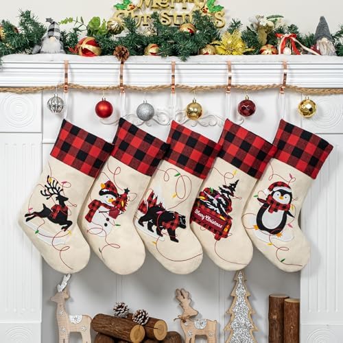 LUBOT Christmas Stockings Set of 5 Large Family Xmas Stocking 20" Silhouette Buffalo Red Plaid Fireplace Hanging Holiday Decor 5 Pack by LUBOT