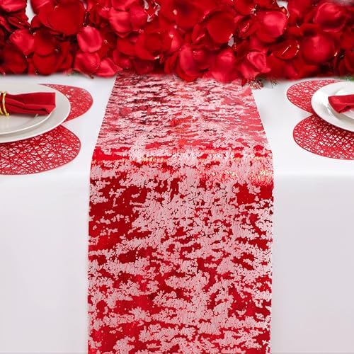 Snowkingdom Red Sparkly Table Runner Glitter Sequin Glitter Metallic Foil Mesh Lace 11 Inch x 49 Feet Long Roll Centerpieces Decorations for Wedding Anniversary Mother's Day Valentine Party Birthday - Image 2