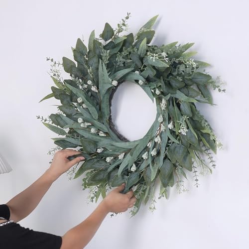 26" Large Artificial Eucalyptus Wreath with Seeds for Front Door(Green) - Image 5