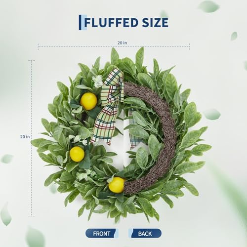 Garvee 20 Inch Lemon Wreath for Front Door, Spring Summer Wreath with Artificial Yellow Lemon, Lamb Ear Leaves & Bow for Famhouse Porch Home Kitchen Wall Decor - Image 6
