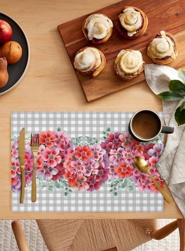 Red Flower Placemats Set of 4, Spring Rustic Floral Eucalyptus Leaves Gray Plaid Placemats for Dining Table Place Mats for Kitchen Table Waterproof Table Mats, Wipeable Dining Table Set - Image 2