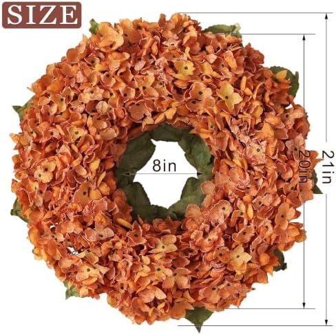 21" Fall Artificial Hydrangea Flower Wreath for Front Door Decor(Orange) - Image 6
