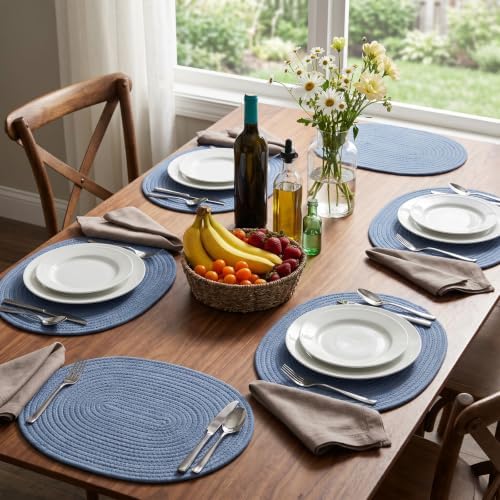 Oval Woven Cotton Placemats Set of 6, Thick Braided Rope Table Mats, 17 x 13 Inches Large Non Slip Heat Resistant Place Mats for Dining Table, Farmhouse Boho Hot Pads for Kitchen Decor (6, Blue) - Image 5
