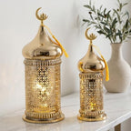 TRIROCKS Metal Ramadan Lanterns Set of 2 Gold Plated Candle Holders 14" &11.5" H Crescent Moon Intricate Etched Vintage Decor Table Lamps for Indoor/Outdoor Decor, Perfect EID Mubarak Gift by TRIROCKS