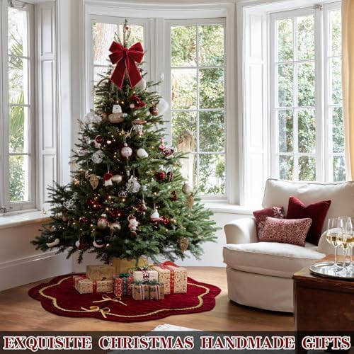 Arrowbash Red 84 Inch Christmas Tree Skirt Velvet Scallop Ddge - Image 2