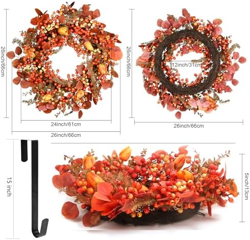 26 Inch Thanksgiving Fall Wreath, Autumn Wreaths for Front Door Fall with Maple Leaves,Oak Leaves,Flowers,and Berries, for Outside Indoor Wall Window Festival Halloween Decor Fall Wreaths - Image 3