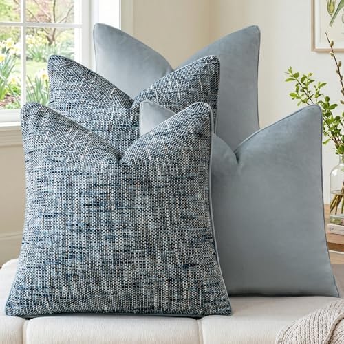 a moment Light Blue 4 Pack Throw Pillow Covers - Chenille & Velvet Set with Piping, Farmhouse Textured Design Pillow Cases for Couch Sofa Bed Livingroom (20x20 Inch, No Insert) by amoment