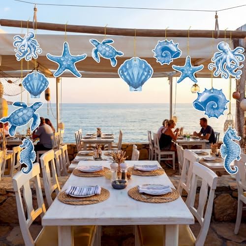 RattanView 12 Pcs Large Outdoor Ocean Hanging Decor Summer Coastal Decor Seashells Turtle Starfish Seahorse Octopus Ornaments Plastic Tags with String Outdoor Beach Ocean for Summer Bachelorette Party - Image 4