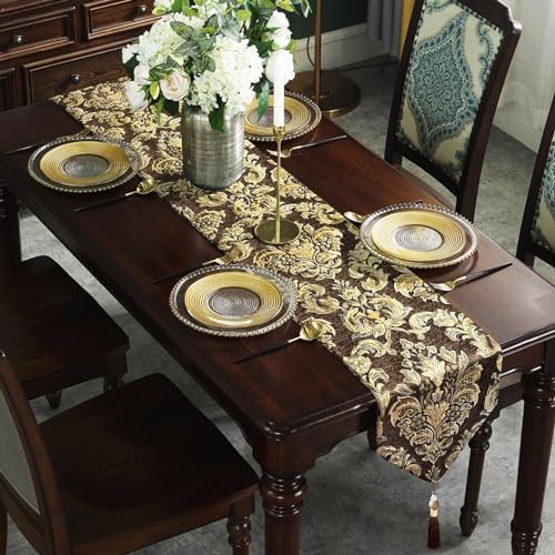 108" Table Runner Dark Brown French Baroque Gold Floral Vintage Tablecloth - Image 3