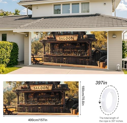 ANNA QUEEN Saloon Garage Door Banner 6x13FT, Western Bar Garage Door Cover with Rustic Outdoor “SALOON” Sign, Large Cowboy Theme Decoration Backdrop for Garage Doors, Backyard Parties, Fence & Barn - Image 3