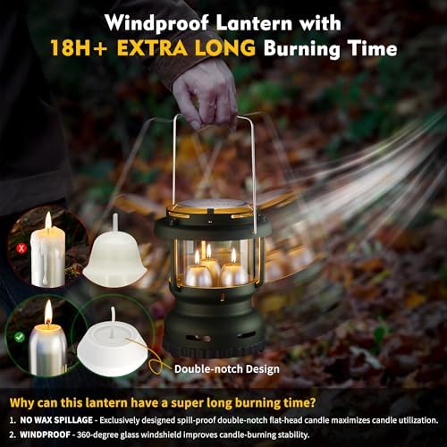 3-Wick Candle Lantern for Power Outages, 18H Emergency Light, Forest Green - Image 2