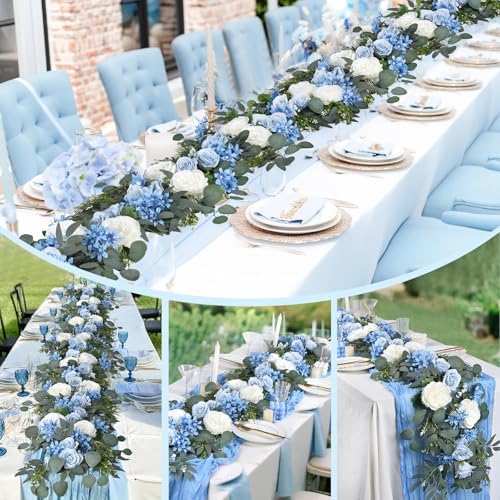 2 Pack Artificial Peony Flower Garland - 6ft Silk Peony Eucalyptus Garland Flower Vine Blue and White Peony Silk Roses Flowers for Wedding Arch Party Table Decor (Blue) - Image 7