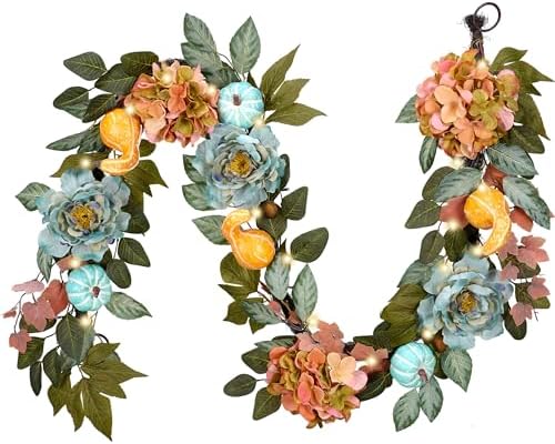 DecorbyHannah 6ft Fall Garland for Mantle with Lights & Pumpkin Hydrangea by DecorbyHannah