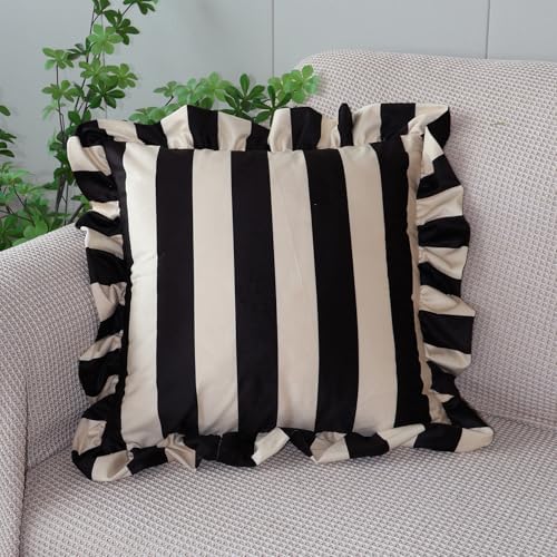 vctops Ruffle Square Throw Pillow Covers Boho Pink and Red Striped Decorative Pillowcases Set of 2, Soft Velvet Accent Cushion Cover Cases for Sofa Bed Living Room Decor (Black Beige,18"x18") - Image 3