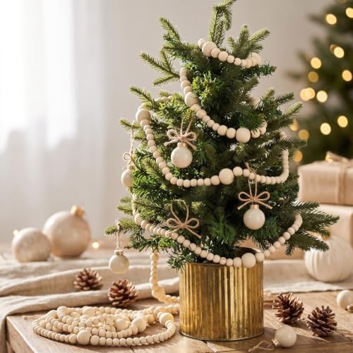 Bucherry 4 Pcs Christmas Wood Bead Garland 28.8 Feet, Natural - Image 3
