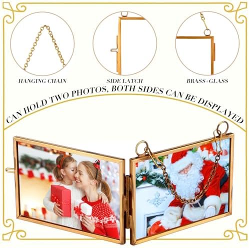 Qunclay 6 Pcs 2x3” 3x2” Christmas Brass Picture Frame Ornaments Xmas Metal Double Glass Hanging Photo Frame with Metal Chain for Christmas Tree Decorations(Gold) - Image 3