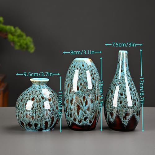 Ceramic Bud Vase Set, Fambe Blue Glazed Finish, Decorative Flower Vases (Blue-Set of 3) - Image 6