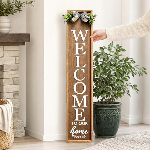 Vertical Wooden Welcome Sign for Front Porch Standing 45x9 Inch Large Wood Frame Outdoor Welcome Sign for Farmhouse Rustic Home Modern Outside Front Door Vertical Decorations(Brown) - Image 5