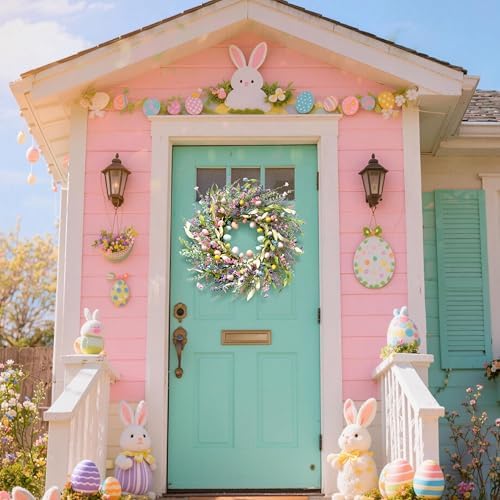 24 Inch Spring Easter Wreath for Front Door with Colorful Egg & Flower - Image 2