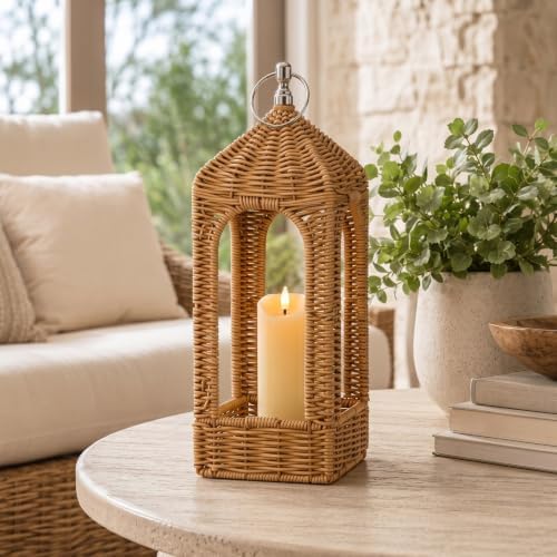 11.8 Inch Natural Rattan Decorative Lantern with LED Flameless Candle by MTLEE
