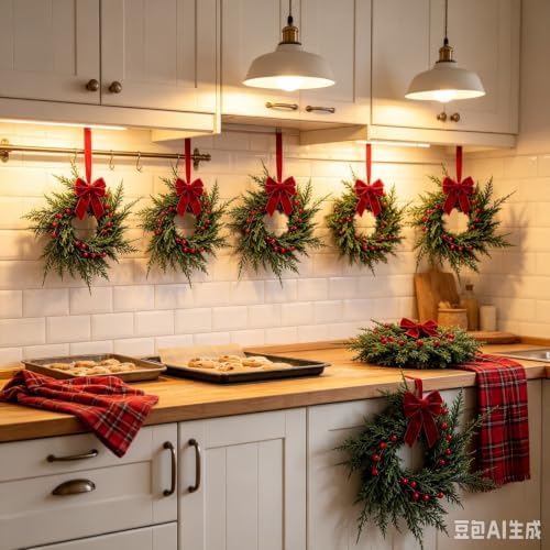 6 Pcs Small 4th of July Hanging Wreaths for Cabinets Patriotic Mini Candle Ring Wreath with Red White Blue Flowers (4, Dark Brown Bow Cedar Red Berries) - Image 3