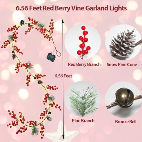 6.56FT Christmas Garland Decorations Red Berry Garlands with Lights 96 Fairy LED Lights Lighted Pine Garland for Mantle Fireplace Table Stairs Railing Xmas Tree Indoor Outdoor Winter Holiday Decor - Image 3