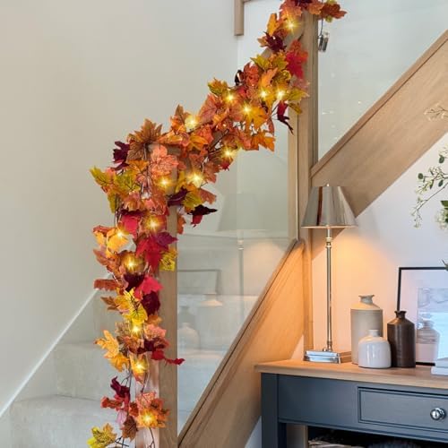 CQURE 14 Pack Fall Leaf Garland with Lights, Fall Vines Autumn Garland LED Lights Artificial Maple Fall Leaves Thanksgiving Decor for Home Wedding Fireplace Party - Image 3
