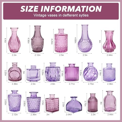 Colored Glass Vases Bulk 32 Pcs - Assorted Vintage Bud Vases for Wedding Centerpieces, Rustic Embossed Glass Bottles for Table Decor, Home Floral Arrangements with Purple Series (2-6 Inch) - Image 4