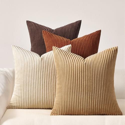 Topfinel Set of 4 Soft Farmhouse Corduroy Striped Decorative Cushion Cover Boho Throw Pillow Covers 22x22 Inch Beige Brown Gradient Rustic Pillow Case for Sofa Couch Living Room Bedroom by Topfinel