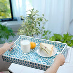 PEMAR Rectangular Mother of Pearl Serving Tray Nacre Wood Lap Ottoman Tray for Coffee Table, Luxury Decorative Handmade Eating Platters w Insert Handles (Teal Floral Pattern) - Image 5