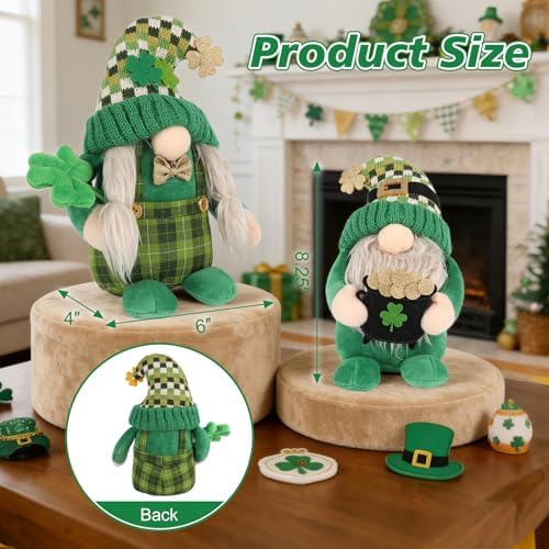 St Patricks Day Decorations - 2Pack St Patrick's Day Plush Gnomes Lucky Green Shamrock for Home - Leprechaun Doll, Irish Gifts Green St. Patricks Day Ornament Table Decor - Image 3