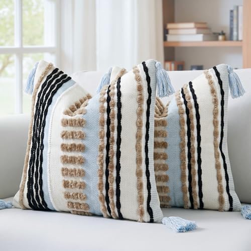 NUYECY Boho Throw Pillow Covers 18x18 Aesthetic Neutral Boucle Couch Pillow Cover Rainbow Striped Decorative Accent Pillow Case for Couch Bed Sofa Farmhouse Bedroom,Modern Funky,Set of 2 Khaki - Image 4