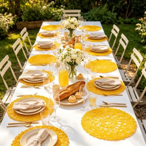 IcosaMro Round Woven Placemats Set of 12 for Dining Table, 15 Inches Paper Boho Decorative Circle Place Mats for Wedding Christmas Thanksgiving Day Holiday Dinner (Yellow) - Image 6