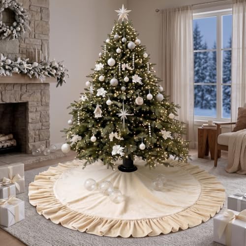 Velvet Christmas Tree Skirt, 60 Inches, Bow Style, Ivory White by Vertintong