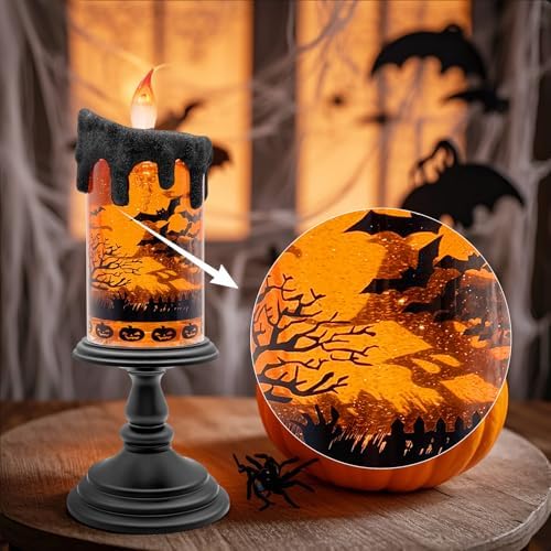 Halloween Snow Globe Flameless Candle – Lighted Halloween Glitter Lantern with Spinning Water and Timer, Pumpkin & Bat Scene Halloween Decor for Home, Party, Table Centerpiece - Image 5