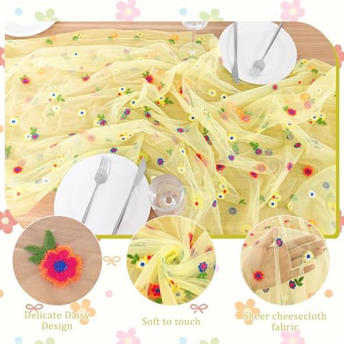 BINBE 12pcs Daisy Spring Table Runner Embroidery Gauze 10FT Florals Seasonal Tulle Holiday Birthday Kitchen Dining Table Decor for Home Party Yellow - Image 6