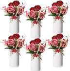 Domensi 6 Sets Wedding Centerpiece for Table Decoration Burgundy&Dusty Pink&Creamy Artificial Fake Rose Flower with Metal Vase Faux Silk Rose Bouquet Floral Arrangement for Bridal Shower Home Dining by Domensi