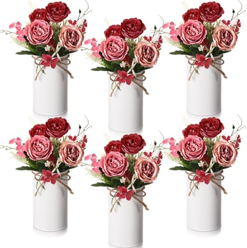 Domensi 6 Sets Wedding Centerpiece for Table Decoration Burgundy&Dusty Pink&Creamy Artificial Fake Rose Flower with Metal Vase Faux Silk Rose Bouquet Floral Arrangement for Bridal Shower Home Dining by Domensi