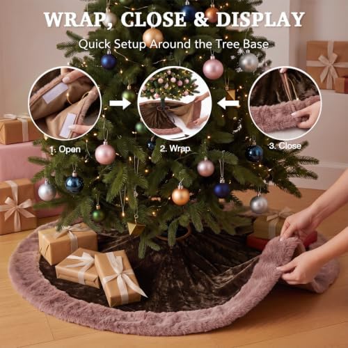 Skylety 48" Velvet Christmas Tree Skirt with Faux Fur Trim,Chocolate Brown - Image 5