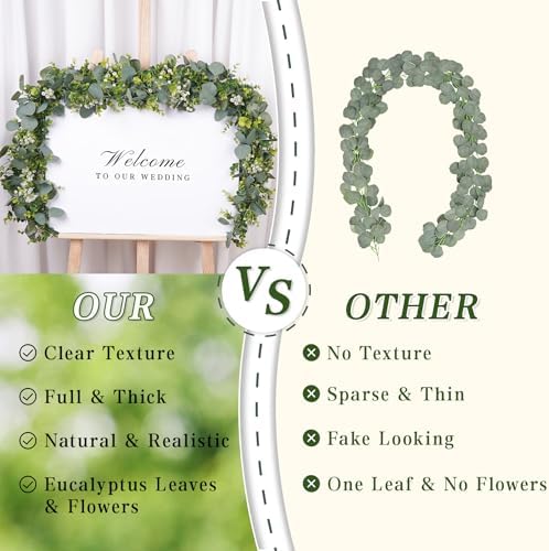 4 Pack Artificial Eucalyptus Garland with White Flowers,5.9FT Greenery Garland Fake Vines Hanging Green Garlands for Table Centerpieces Outdoor Festival Wedding Backdrop Arch Wall Decor - Image 4