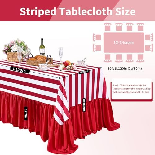 Ruffle Table Cloth Red and White Striped Tablecloth - 80 x 120 Inch Waterproof Tablecloths Rectangle Polyester Red Striped Table Cover for Birthday Wedding Picnic Baby Shower Holiday Party Decoration - Image 3