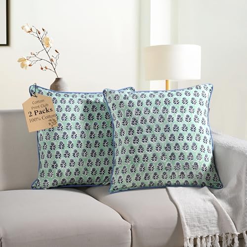 CPC Poppy Blue Block Print Throw Pillow Covers 20x20 Inch, Set of 2 by COTTONPRINTCLUB