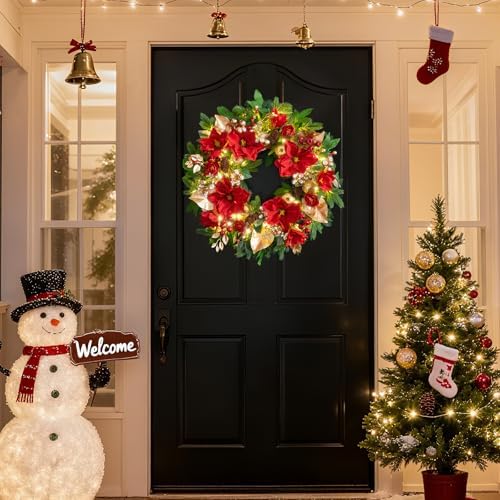24 Inch Magnolia Christmas Wreath for Front Door, Christmas Wreath with LED Lights, Red Flowers, Red Berries, Pinecones Christmas Decorations，Winter Door Wreath for Wall Window Indoor or Outdoor - Image 2