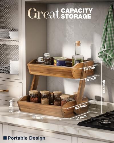 2-Tier Acacia Wood Fruit Stand for Kitchen Countertop Storage - Image 4